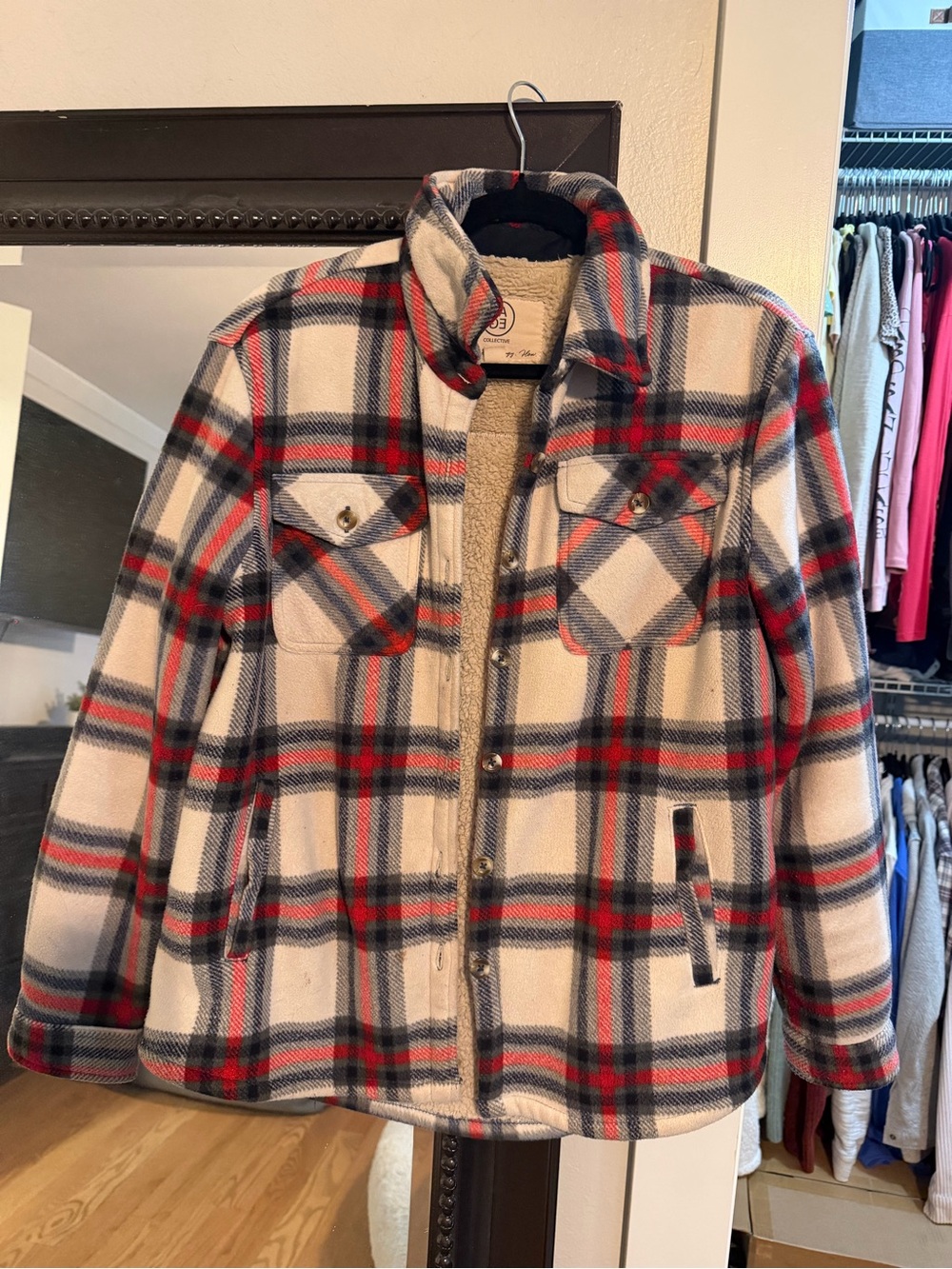 Plaid Sherpa-Lined Button Jacket in Cream, Red & Navy
